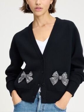 Kate Spade Black Cardigan Novelty Rhinestone Bows Pockets Thick Knit Button Cute